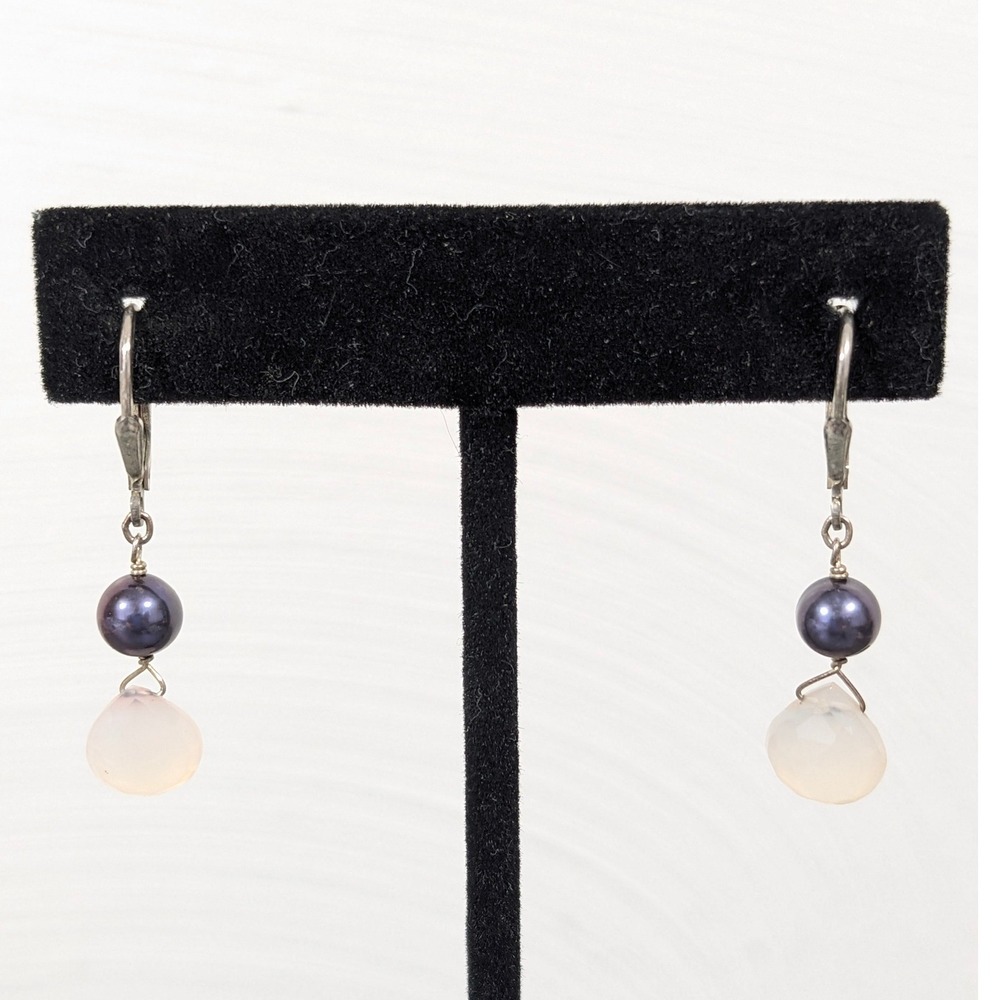 Sterling 925 Gray Pearl Teardrop‎ Leverback Earrings Faceted